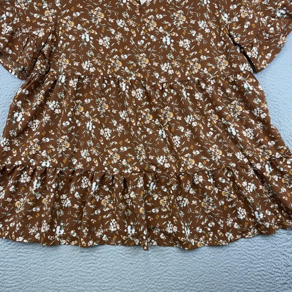 Emery Rose Dress Womens XL Brown Floral Short Sleeve Ruffle Hem Swing V-Neck - Picture 3 of 13